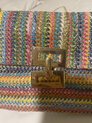 Neutral Rainbow Woven Shoulder Satchel with Chain Accents Gold Hardware Clasp - Picture 3 of 5