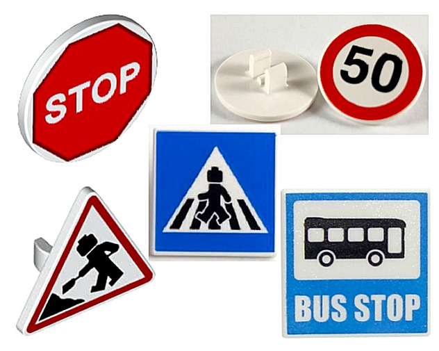 LEGO STREET SIGNS 2x2 with CLIP ~ Bus Stop Crosswalk Road Construction Work NEW