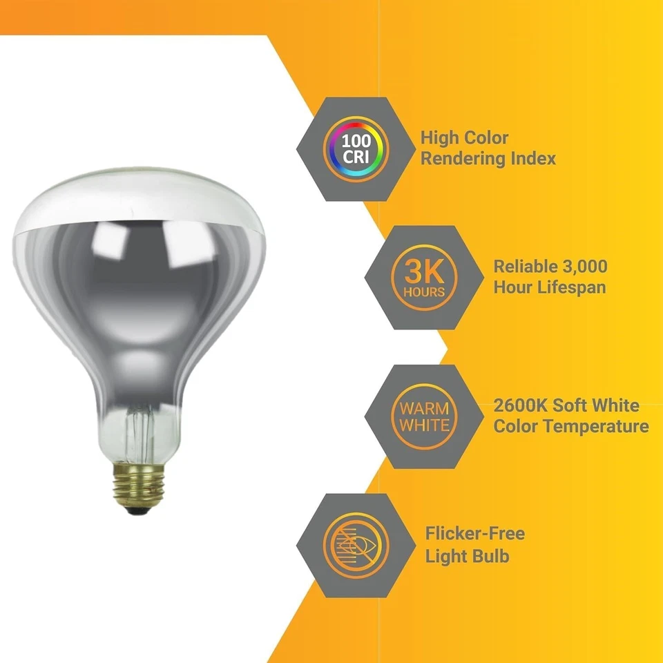 2Pack Heat Lamp R40 Clear Reflector Head Glass Lamp, E26, 375W, 2600K, 125V - Image 2 of 4