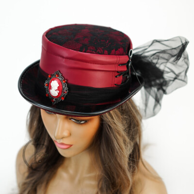 Red Steampunk Hat Victorian Tea Party Tall Hat Venetian Hat  display picture 1