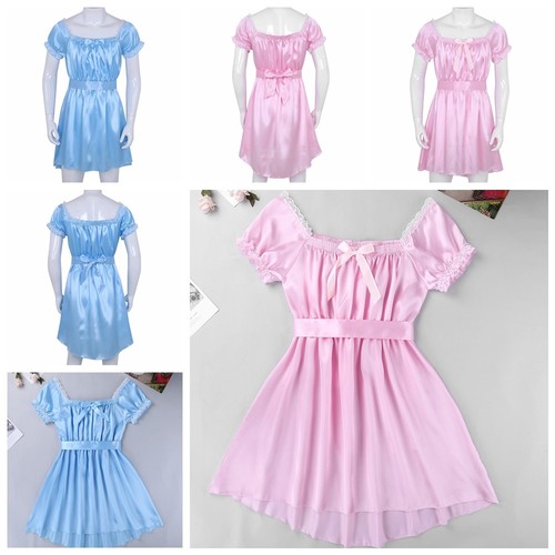 Sissy Men's Lingerie Satin Frilly High Low Dress Ruffles Pajamas Nightwear - Picture 3 of 44