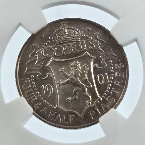 CYPRUS 4.5 SILVER PIASTRE COIN 1901 QUEEN VICTORIA NGC AU58
