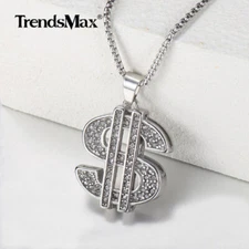 Silver Cubic Zircon CZ Dollar Sign Pendant Necklace Stainless Steel Chain 18-24"