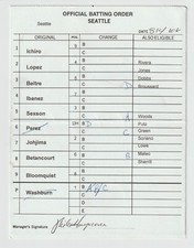 8-4-06 Seattle Mariners - Game Used Lineup Card - Ichiro Suzuki & Adrian Beltre