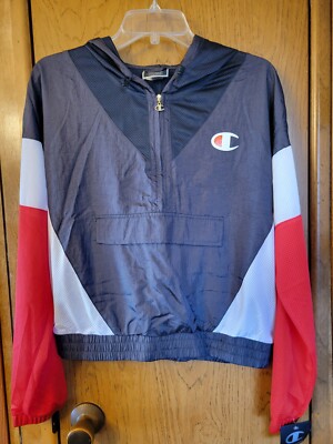 NWT! Champion Mesh Red Black White Windbreaker Half Zip Hoodie Medium