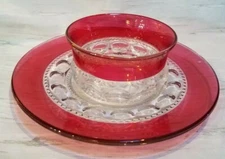 Vintage Cranberry Red Cut To Clear Elegant Chip & Dip Serving Set Bohemian Czech