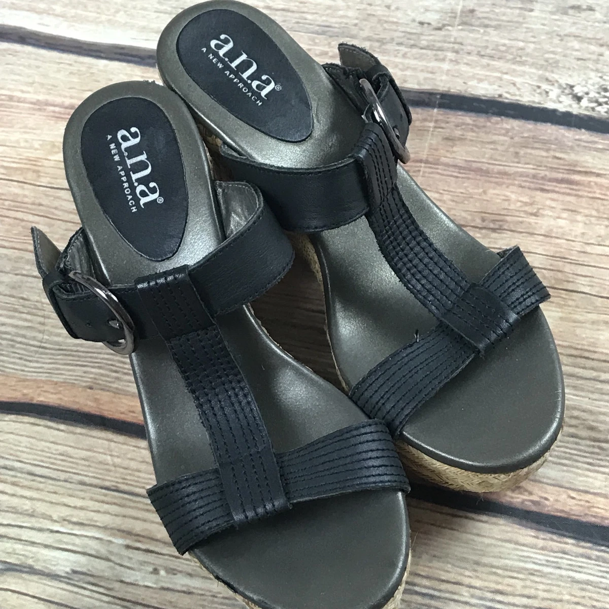 Women s ANA A New Approach Black T Straps Buckle Wedges Sz 6M 3.5