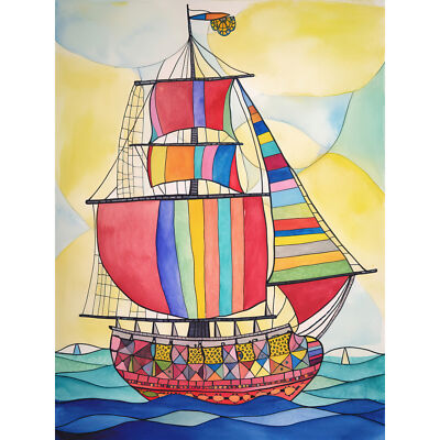 Regenbogenfarben Segelschiff moderne Volkskunst Wandbild Leinwand Bild Druck 18x24