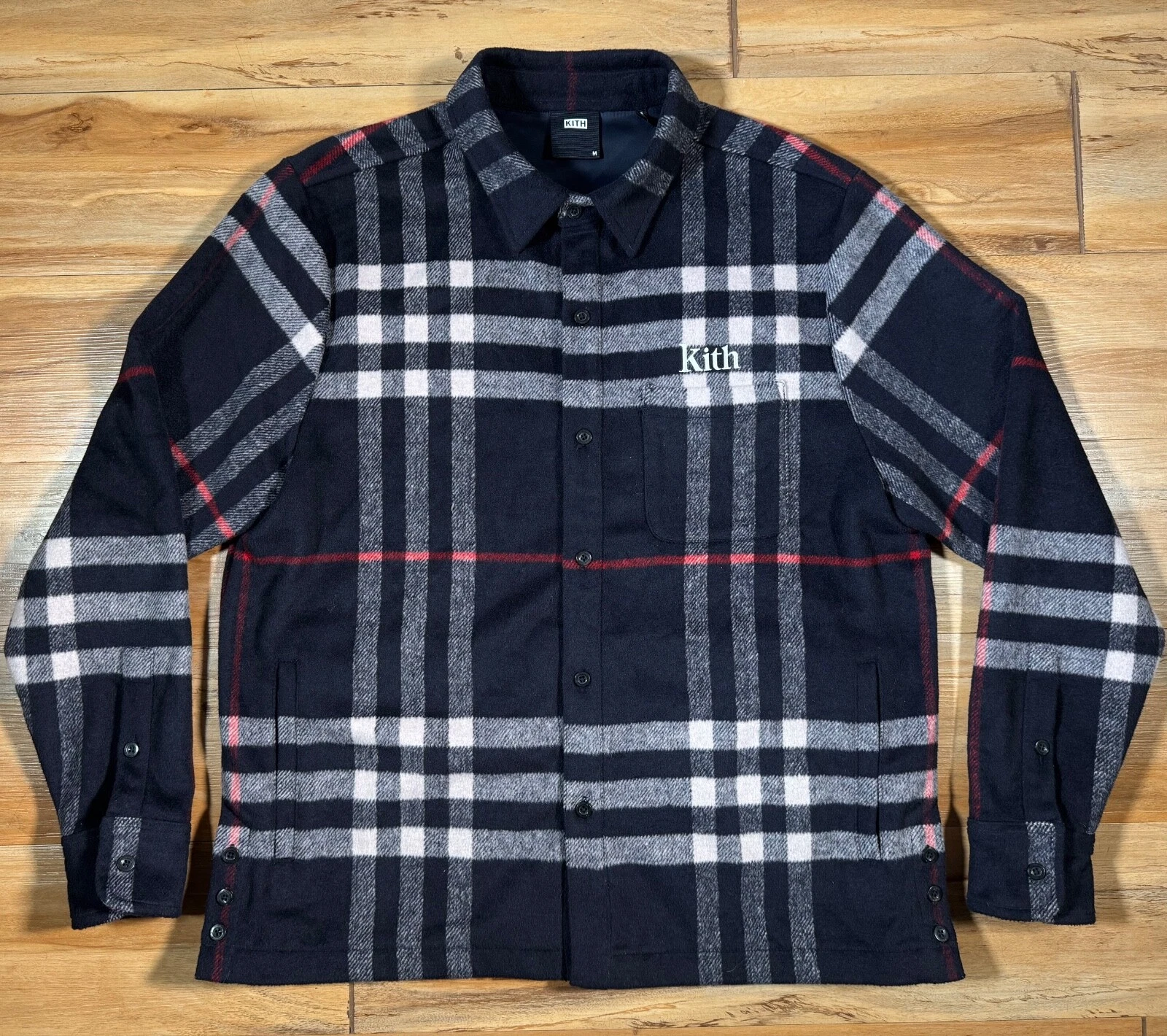 OFF WHITE Giacca di flanella Kith Ginza blu navy rosso panna check misto lana pesante M