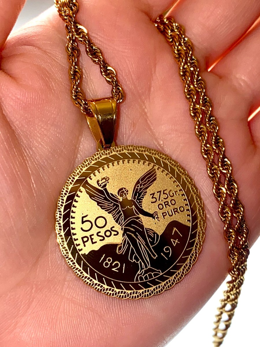 Mexican Gold Peso Coin Pendant Necklace 50 Pesos, 16-24 Inch Chain  Skin-Friendly