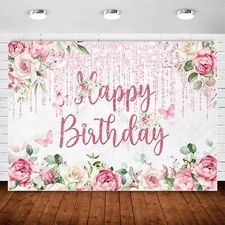 Pink Floral Birthday Backdrop Banner Women Birthday Party Decorations Glitter...