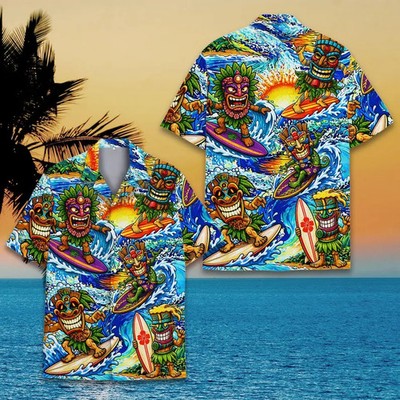 Tiki Surf Hawaiian Shirt For Men Women, Tropical Tiki Mask Aloha Button Up