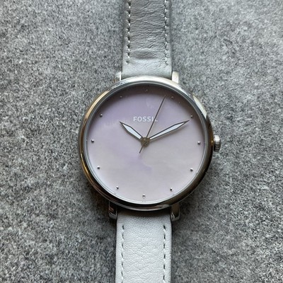Fossil Womens Watch ES4386 36mm Silver Tone Case MOP Dial Gray Leather Band BX