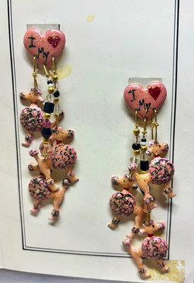 Lunch at The Ritz pink poodle Puppy Love heart dangle pierced earrings handmade