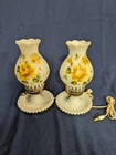 Vintage Set Of 2 Milk Glass Hurricane Lamps Hand Painted Floral WORKS