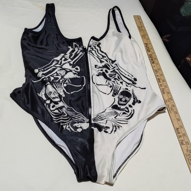 Black White Skeleton Print One Piece Lg Swimsuit Zip Front Vintage Womens teen