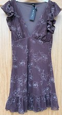 Motel Rocks BNWT Ladies Doodle Flower Flock Brown V Neck Ruffle Mini Dress S