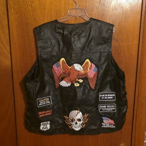 Diamond Plate Buffalo Leather Men's Biker Vest 4XL with Patches image 2