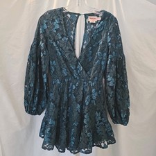 Showpo "Autumn Leaves" Dress In Teal Lace Long Sleeve Mini Dress Open Back Sz 2