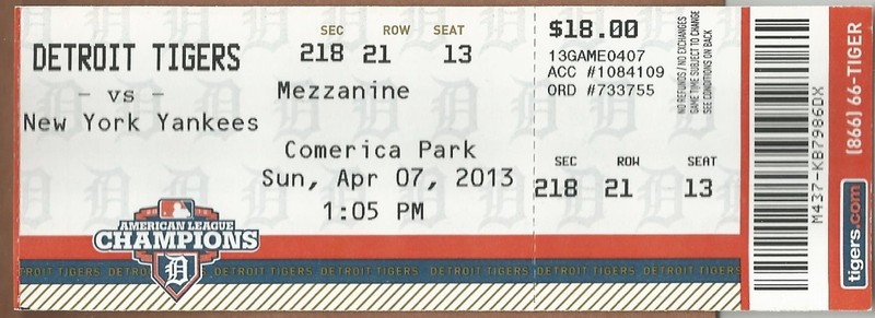 CC Sabathia Win #192  4/7/2013 Yankees @ Tigers Full Ticket