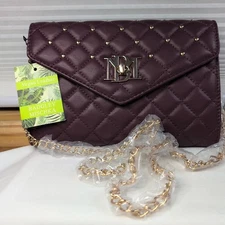 Badgley Mischka - Diamond Quilted Crossbody Envelope Purse Plum Studs Gold - NWT