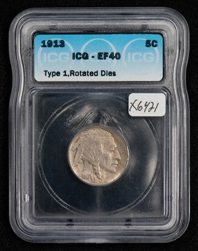 1913 5c Indian Buffalo Nickel Type 1 Mint Error Rotated Die - ICG XF 40 - X6421