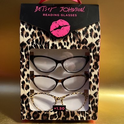 Betsey Johnson 3 Pack +1.50 Cat Eye Reading Glasses Black Tortoise Leopard