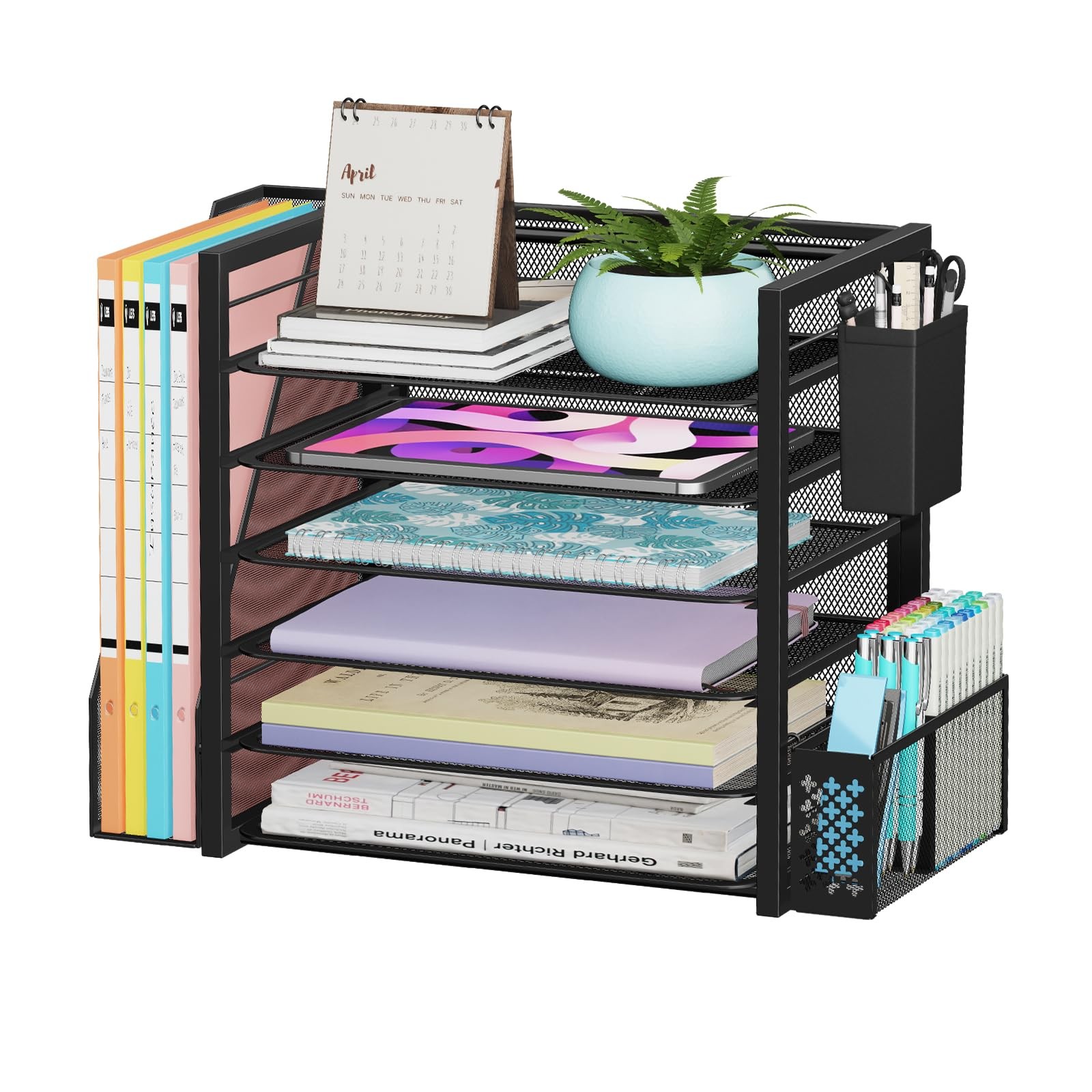 6 Tier Desk File Organizer Paper Letter Tray with Holder and Pen Container Black-image