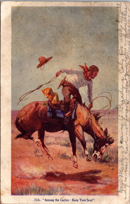 Cowboy on Bucking Horse ''Among the Cactus ~ Keep Your Seat'' Postcard Posted 1907
