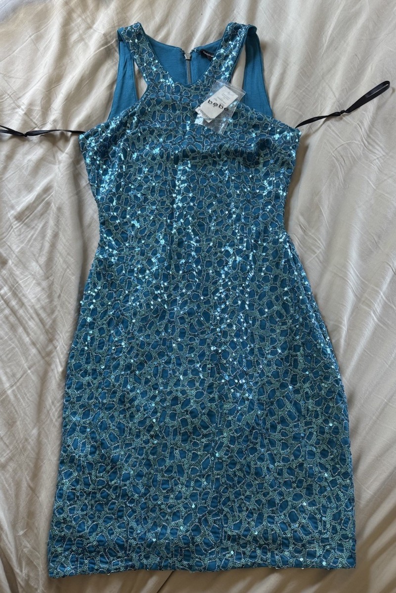 bebe Addiction Blue Sequin Sleeveless Bodycon Dress Strappy Short Size S