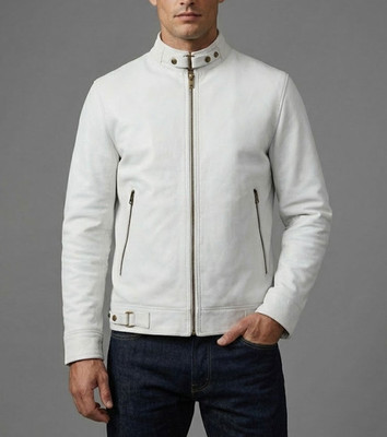 NEW Men's White Leather Jacket Real Biker Motorcycle Cafe Racer Belt Collar Coat