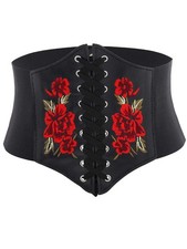Embroidered Rose Corset Belt Black Lace-up Waist Cincher Belt Renaissance Und...