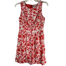 Anthropologie  C. LUCE Red Dress Small Poppy Flowers Floral Ruched Sleeveless