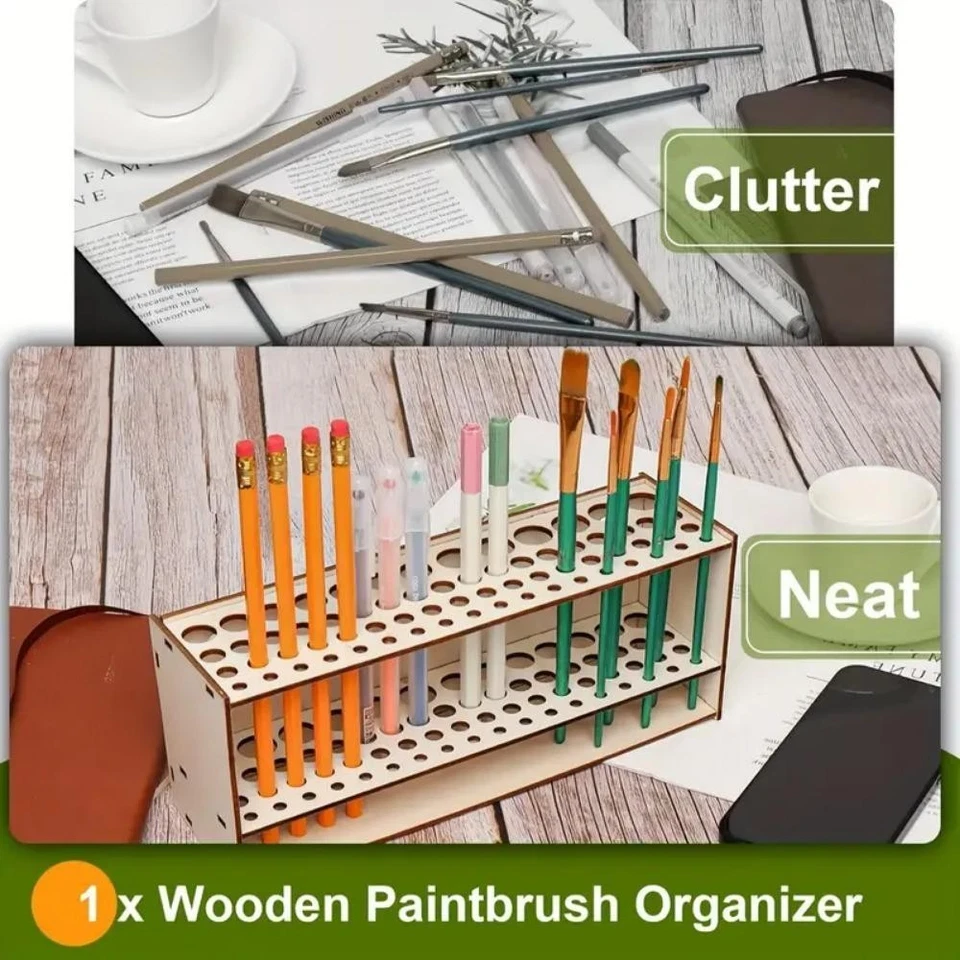 67-slot Premium Wooden Brush Holder - Durable Artist Desk Organizer, Pencil & Pa - Image 3 of 4