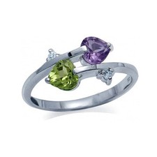 Natural 0.90 Ctw Heart Amethyst Peridot 925 Sterling Silver Women Wedding Ring