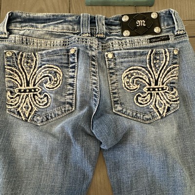 Miss Me Bootcut Jeans Blue Embroidered Embellished Fleur-de-Lis Pockets Denim