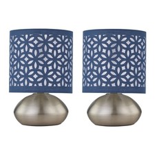 Set of 2 Brushed Chrome Touch Bedside Lamps Table Lights Navy Blue Cut Out Shade