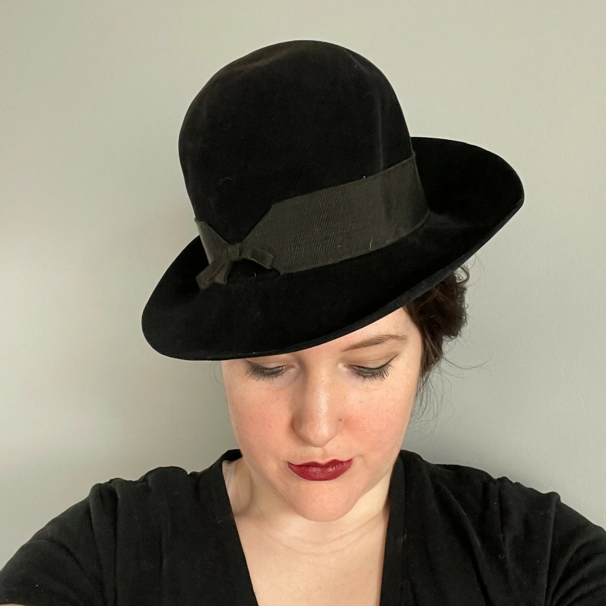 Beautiful Vintage Black 1950 s Ladies Fedora Hat Made in Germany