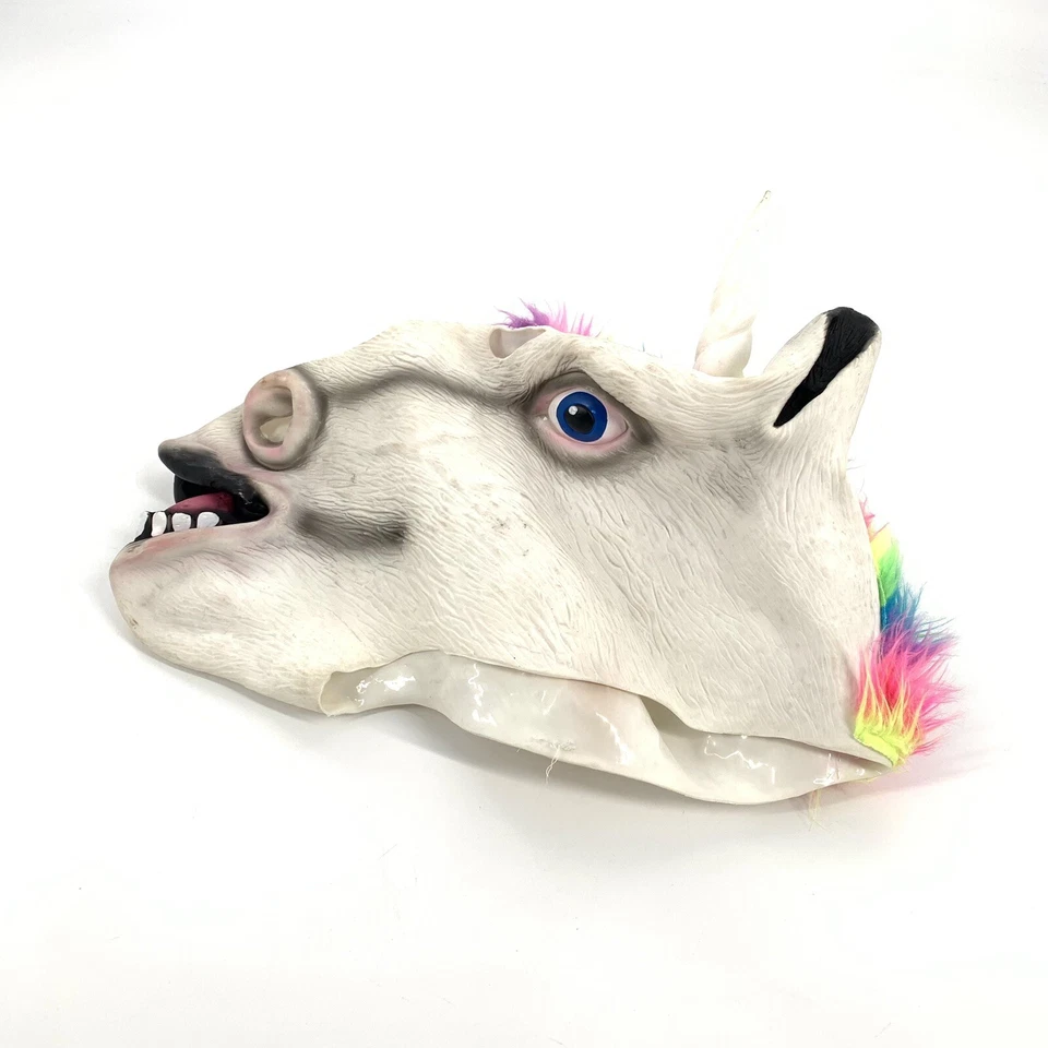 Latex Rainbow Mohawk Unicorn Mask Full Head Animal Mask Adult Horse White OS - Image 2 of 4