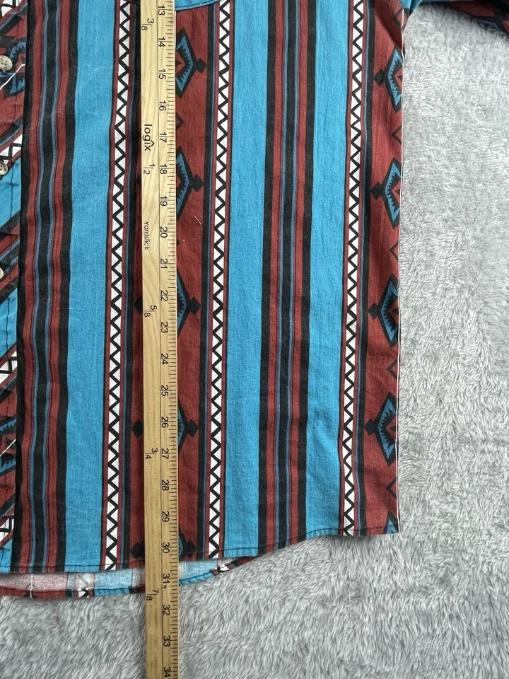 Винтажная мужская рубашка John Blair 2XL бирюзово-красная ацтекская с геометрическим узором сделано в США 90-е - Изображение 4 из 4