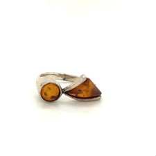 Vintage Sterling Silver Geometric Two Stone Cabochon Honey Amber Ring Band 7 1/2