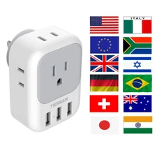 International Travel Power Plug Adapter Tap with 4 Outlet 3 USB for Cruise Ship