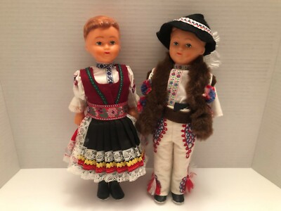Two Vintage Hard Plastic Dolls Boy & Girl Ethnic European Handmade Clothes 