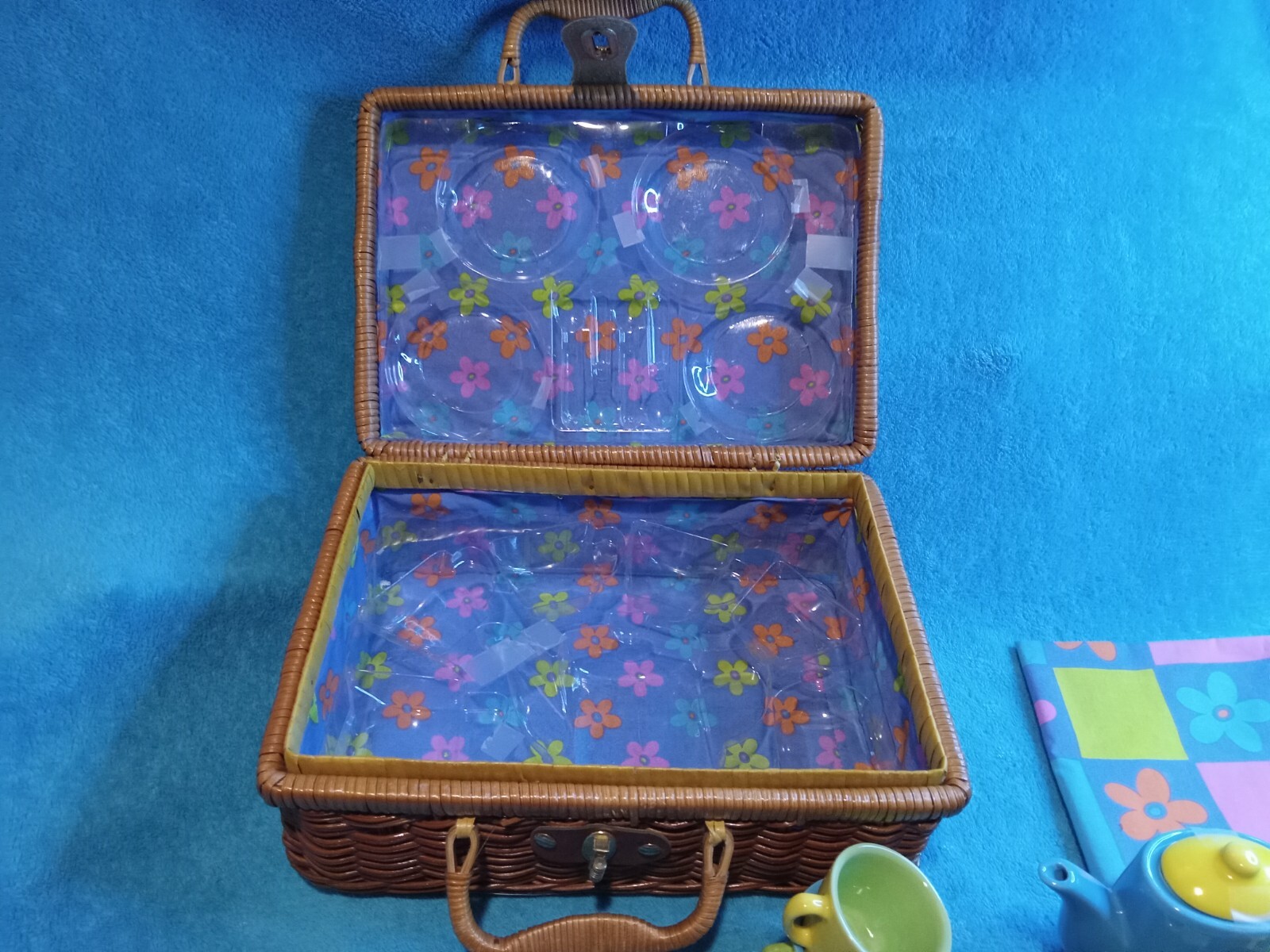 Children's China Tea Set in Wicker Basket with Cloth Napkins