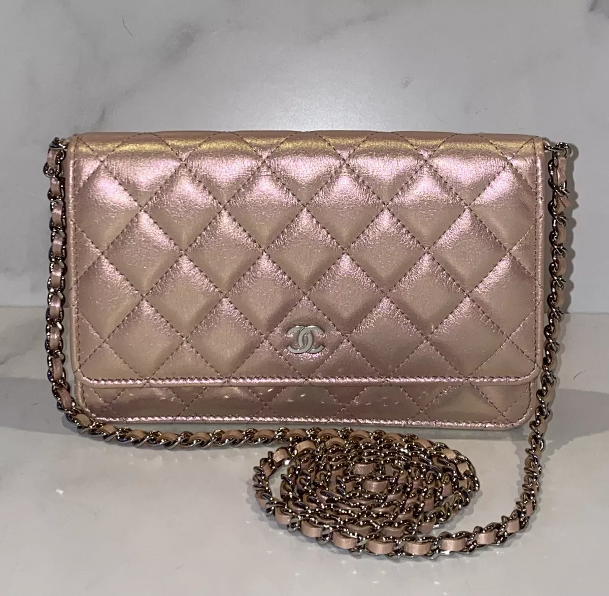 Chanel Quilted Pearl Crush Wallet on Chain WOC Black Lambskin Aged