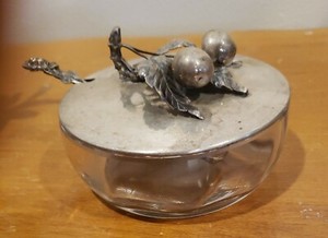 Antique sugar bowl with silver plated lid and spoon and glass storage container 