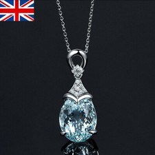 Women 925 Silver Aquamarine Gemstone Pendant Necklace Valentine's Day Gift UK ~