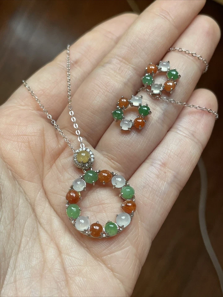 Juego de pendientes y colgantes de plata de ley S925 grado A jadeíta - 糖果花環有種有色一套 Foto 4 de 4