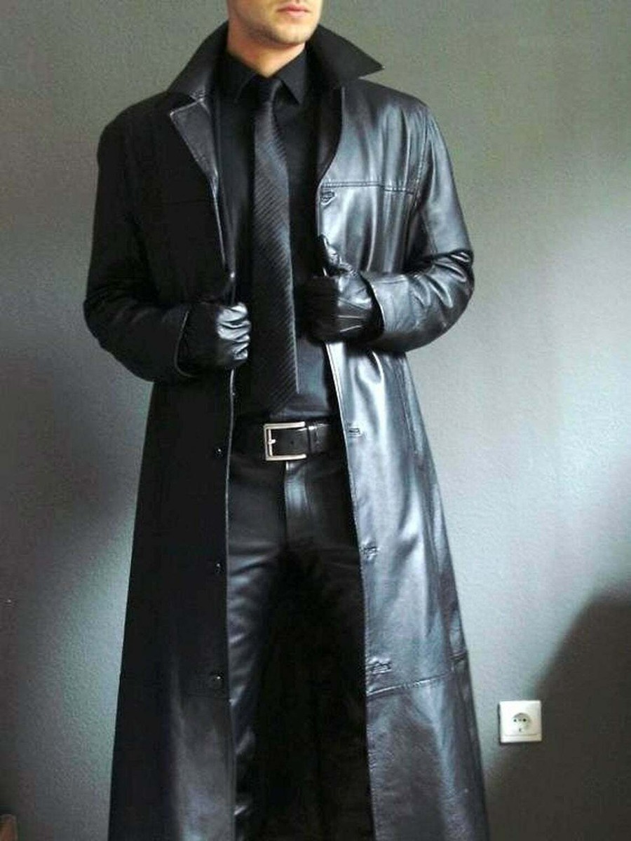 Men's Black Leather Trench Coat 100% Soft Sheepskin Slim Fit Long