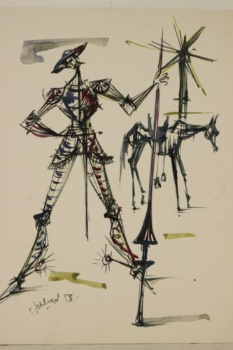 Fernand Schlegel (1920-2002) Aquarelle Originale Don Quichotte signé 1958 - Photo 1/6